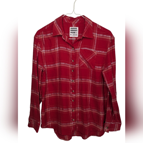 Justice Other - Justice Perfect Plaid Top Girl's Sz 14 Flannel Red Metallic Christmas Shirt Y-2